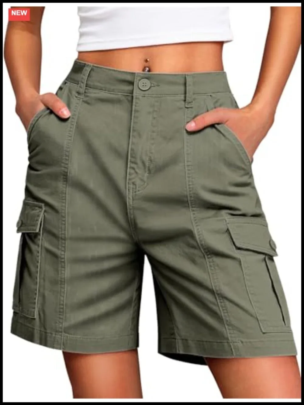 High Waisted Bermuda Cargo Shorts for Women Knee Length 6 Pockets Cotton